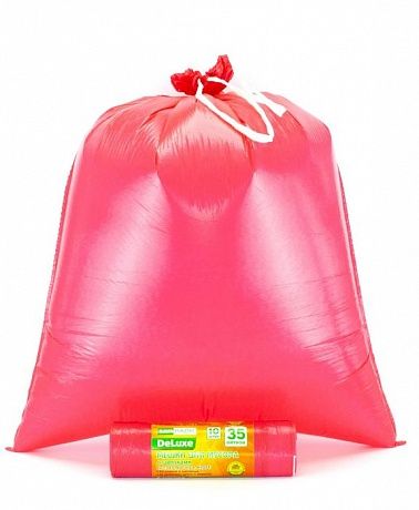 Мешки для мусора с завязками 35 л, 30 мкм, 10 штук, ПCД, красные, для тяжелого и острого мусора прямое дно + ленты для затягивания - Вид 2